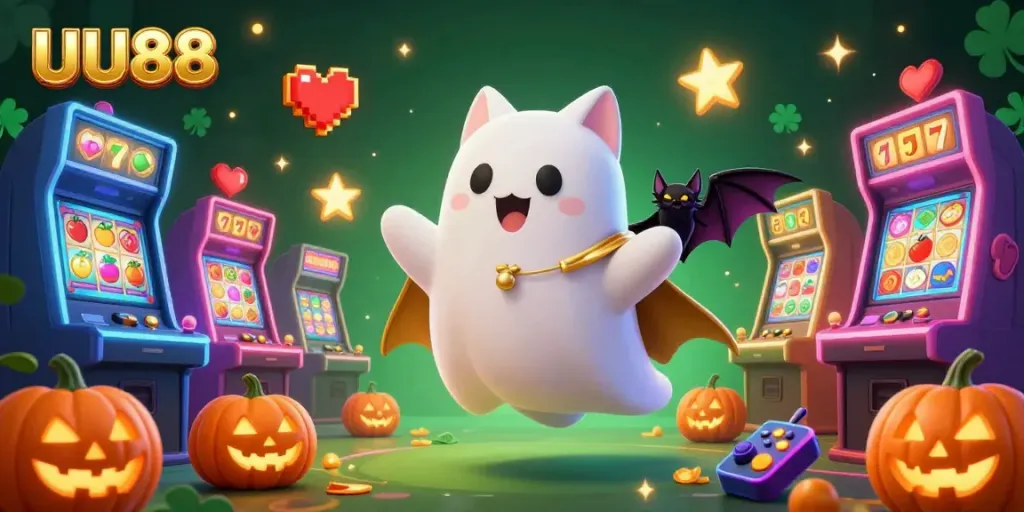 Engage with UU88's vibrant casino experience featuring a ghost cat, vampire bat, and playful jack-o-lanterns.