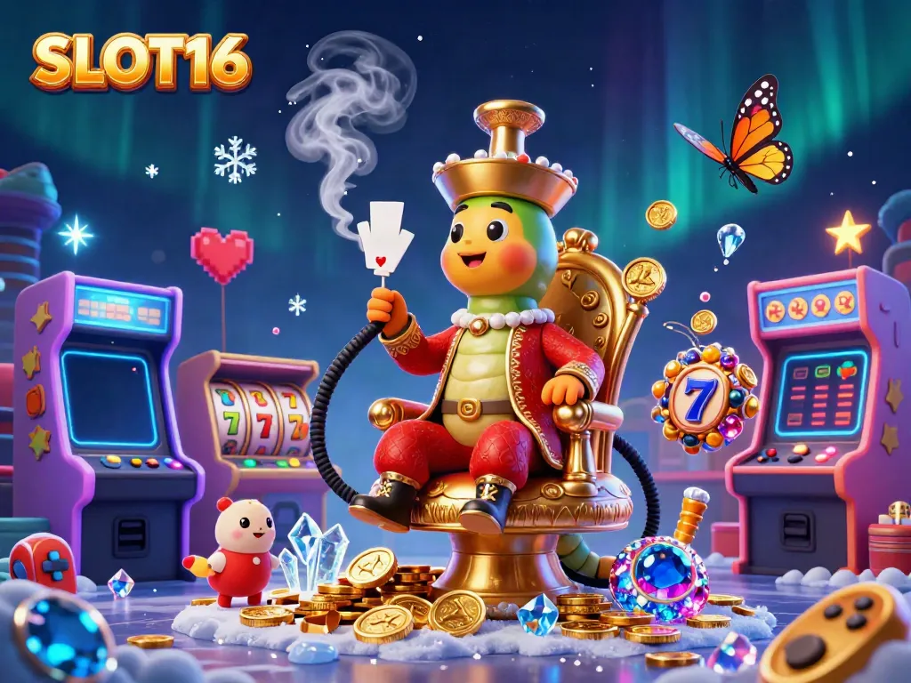 Immerse in SLOT16 gaming with a dynamic illustration of a hookah-master caterpillar casino scene.