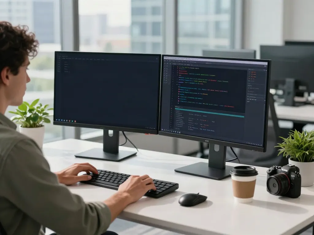 Brave browser development workspace showcasing a developer coding at modern desk.