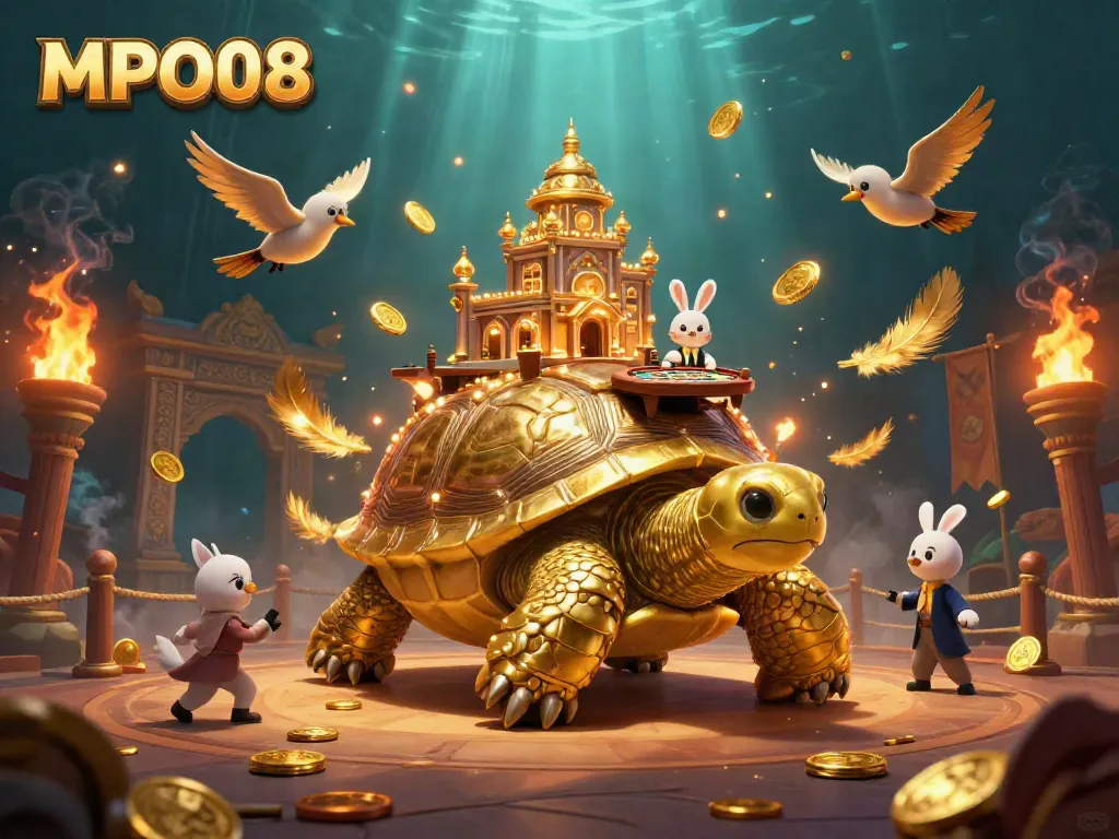 Experience MPO08 with a vibrant golden tortoise casino, bird dealers, and dynamic gaming elements.