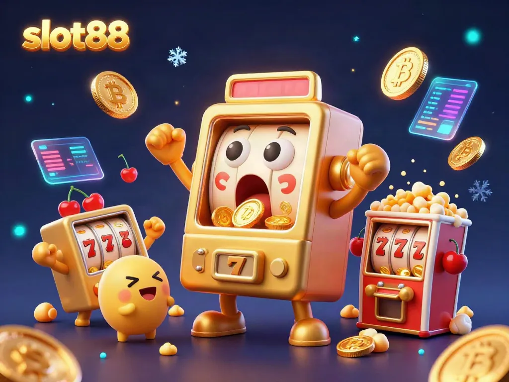 Experience the excitement of slot88 as a cartoon golden slot machine hits its jackpot, surrounded by cheering baby machines and coins.
