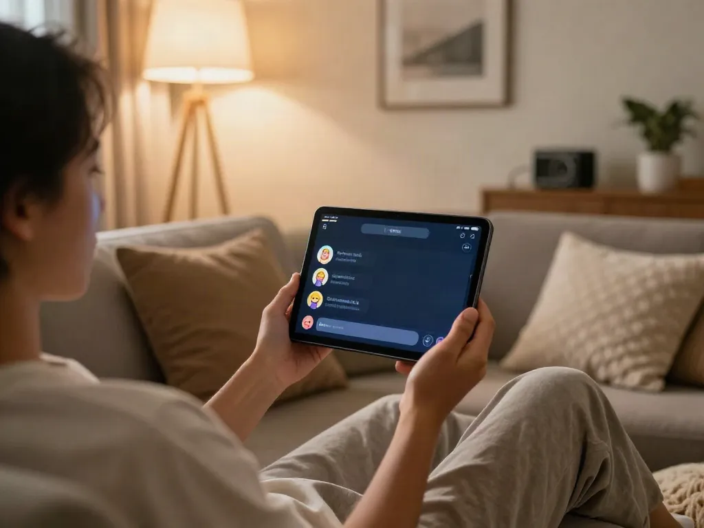 Person enjoying ai sex chat on smartphone in cozy living room setting, warm lights.