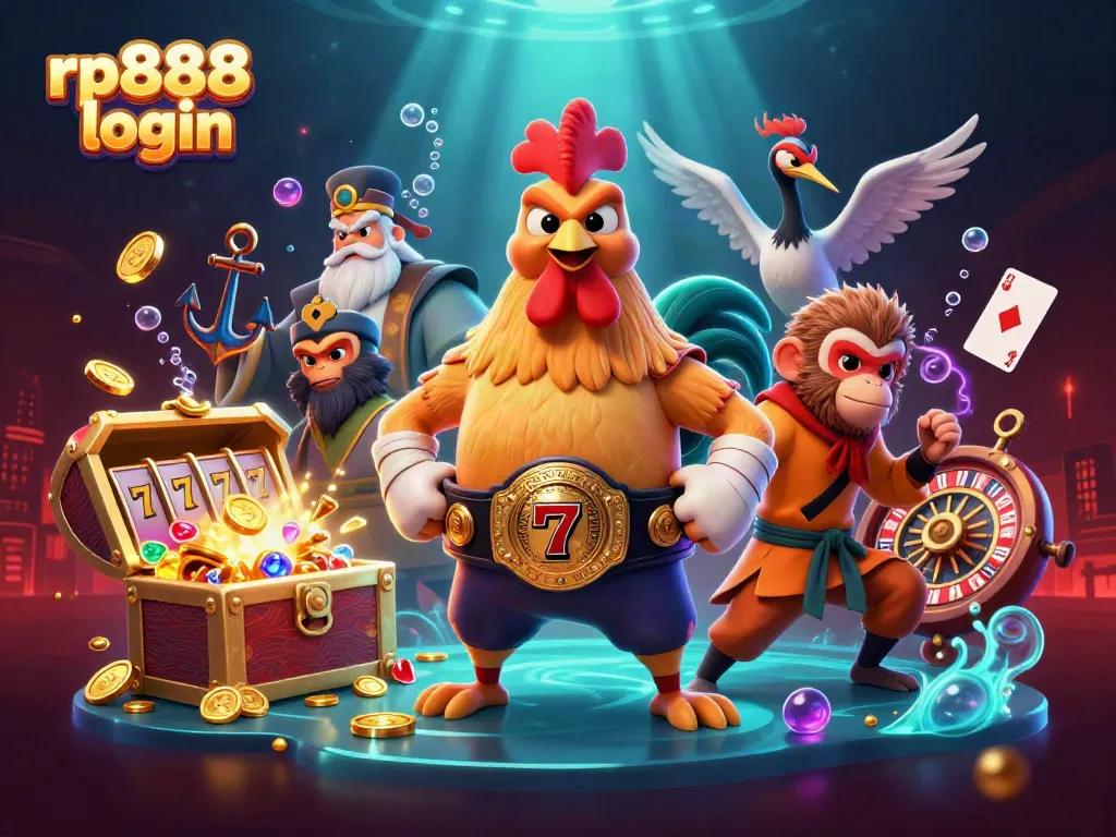Capture exciting rp888 login action with 3D casino characters amidst glowing elements and jackpot symbols.