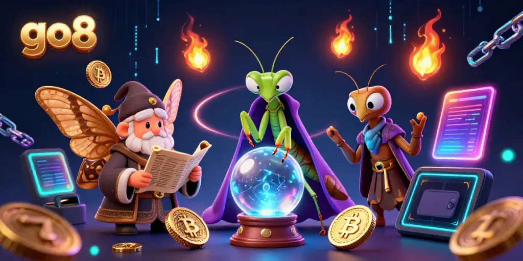 Engage with go8's vibrant gaming experience, featuring a fortune teller, librarian, and slot machines.