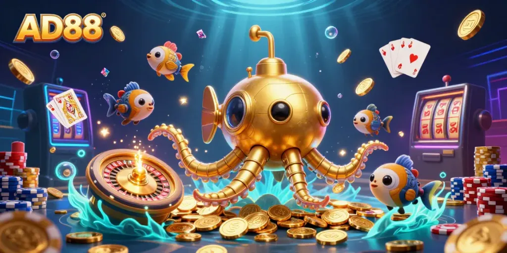 Experience the thrilling world of AD88 with a golden kraken submarine and treasure in a captivating casino underwater setting.