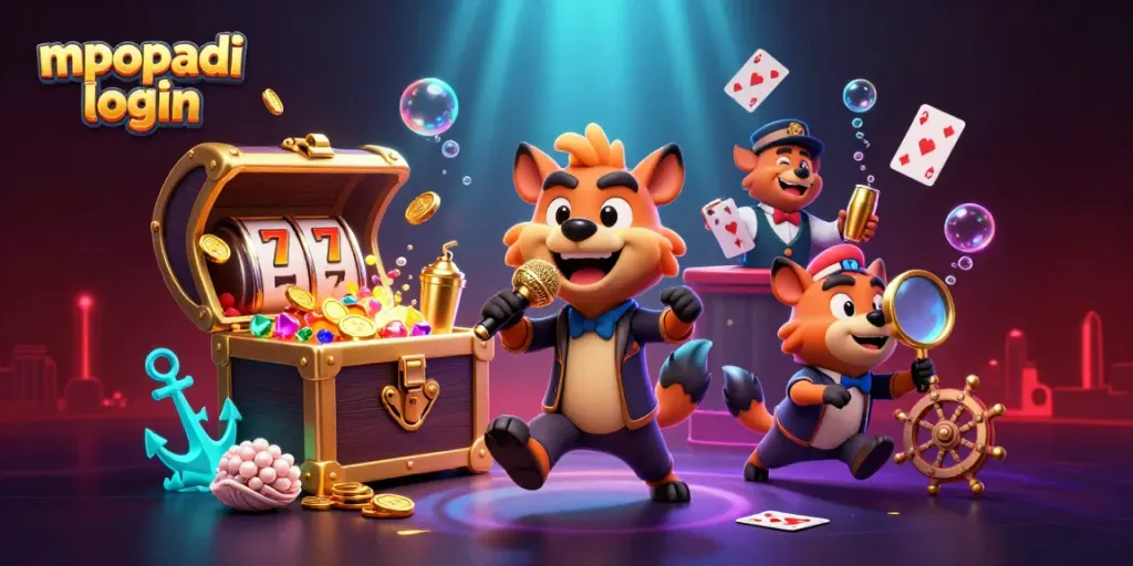 Mpopadi login scene showcases hyenas entertaining in a vibrant casino setting filled with slot reels and gold coins.