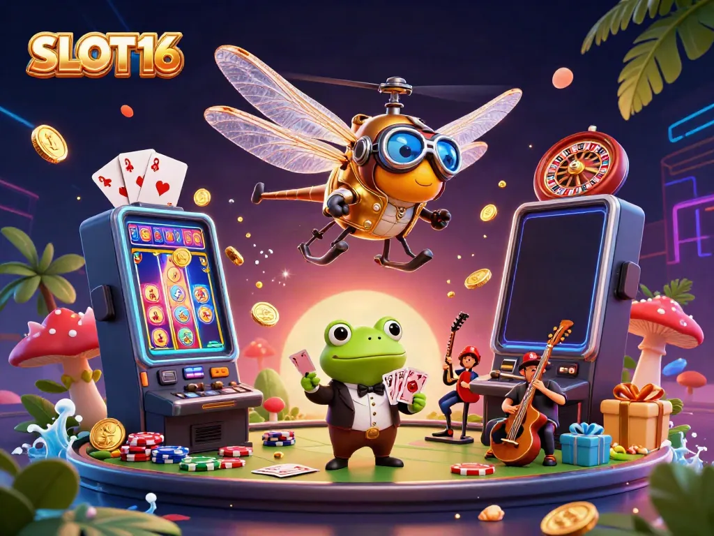 SLOT16 showcases a vibrant casino scene with a dragonfly pilot and a frog croupier, featuring slot game action.