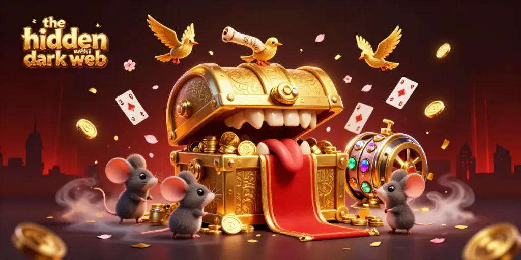 Engaging illustration showcasing the hidden wiki dark web with a treasure chest tempting adventurers in a lively casino environment.