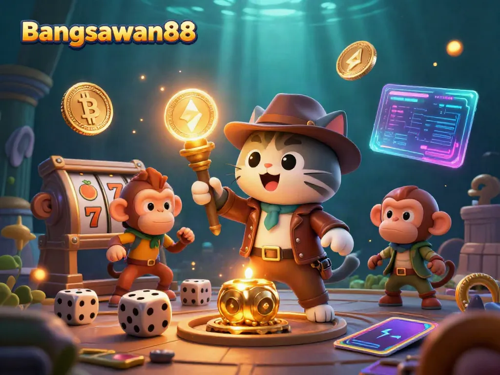 Bangsawan88 showcases an online gaming adventure with an explorer cat, a treasure, and vibrant slot elements.