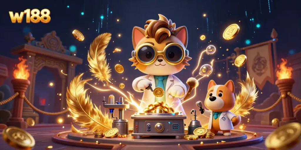 Engage with w188 casino's thrilling adventure featuring a mad scientist cat and lab assistant amidst gold coins and dynamic gaming elements.