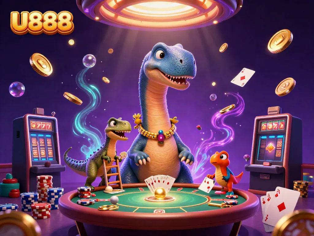Engage with U888's vibrant casino scene featuring a towering brontosaurus and dynamic gaming elements.