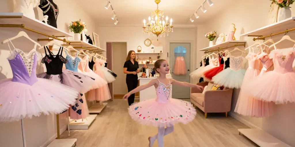 A joyful child in a tutu at tutu-store.com boutique, surrounded by colorful dance costumes and accessories.