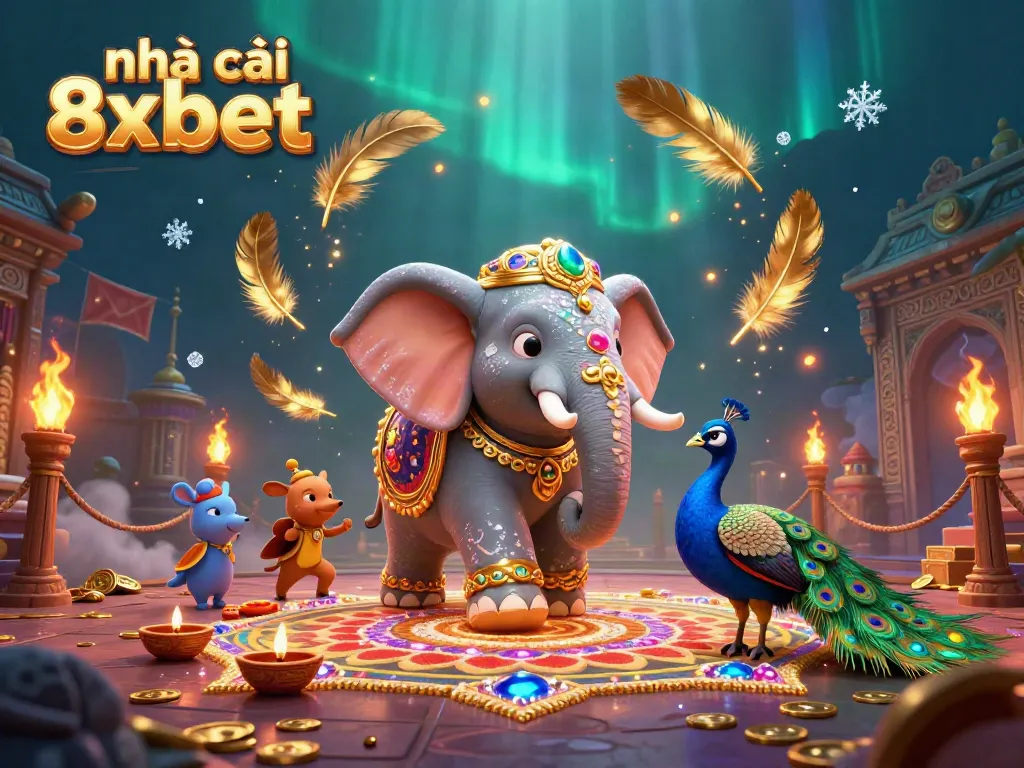 Experience the vibrant world of nhà cái 8xbet in a dynamic 3D casino scene filled with festive elements.