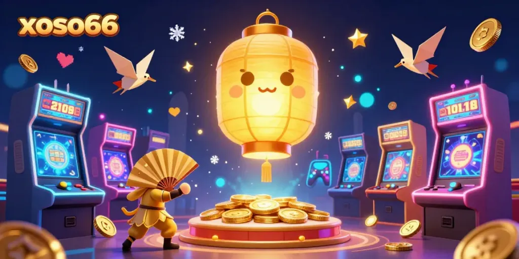 Engage with xoso66's vibrant casino atmosphere featuring golden lantern spirit and dynamic arcade games.