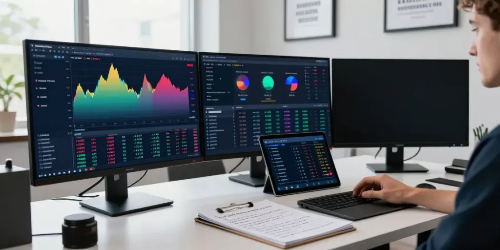 Trader analyzing dynamic TradingView charts and market data in a modern workspace.