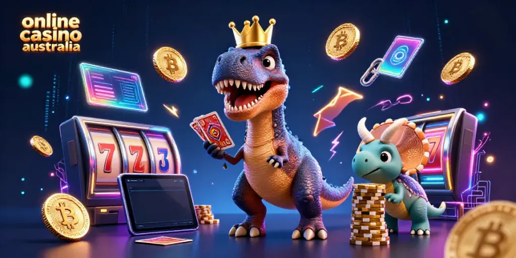 Experience the excitement of online casino Australia with a T-Rex shuffling cards and a baby triceratops stacking chips.