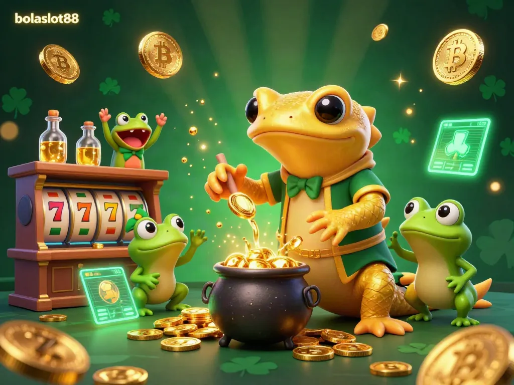 BOLASLOT88 casino scene with golden salamander and frog alchemist creating gold coins amidst Bitcoin and slot reels.