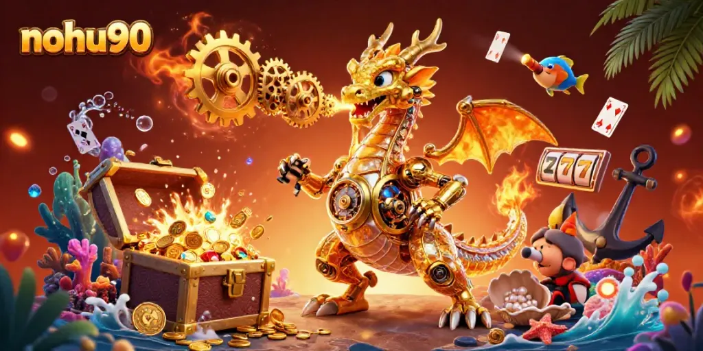 Nohu90 engages users with an action-packed illustration featuring a golden dragon and gems amidst exciting casino elements.