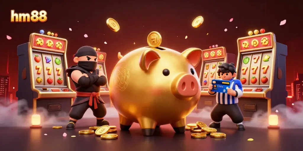 Engage with the action of hm 88 as a golden piggy bank sumo wrestler dominates the casino scene.