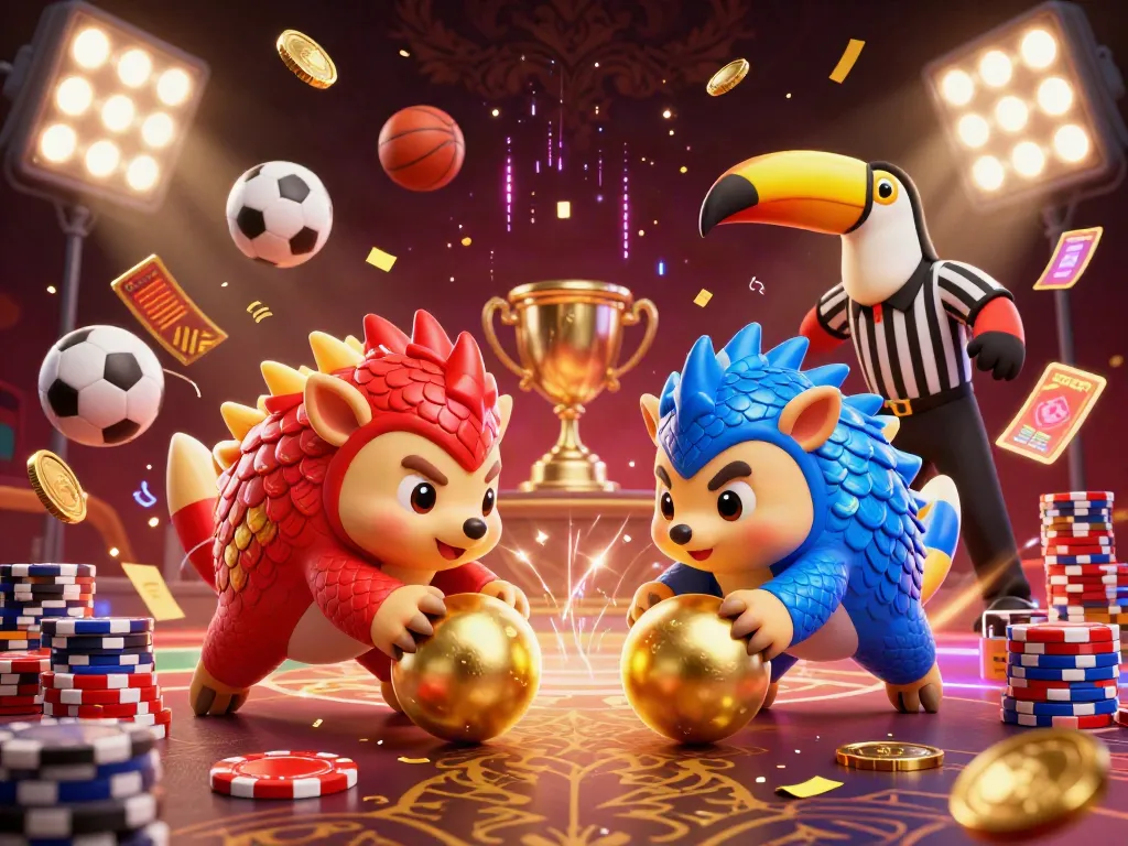 Nhatvip rival pangolins bowling through poker chips in a dynamic casino scene with confetti.