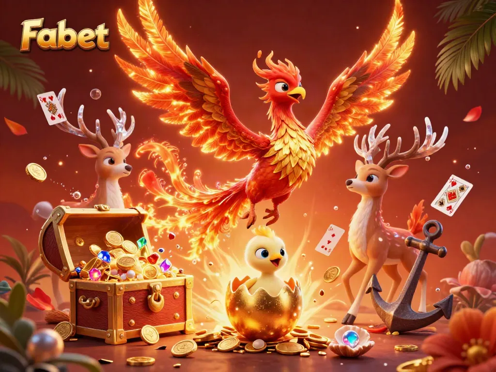 Experience Fabet's magical gaming world with a vibrant, detailed illustration of a phoenix and treasures.