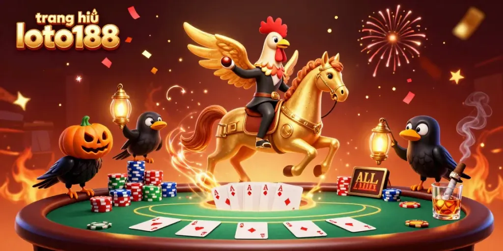 Experience the thrill at trang chủ loto188 with a festive casino scene featuring a golden rooster and poker elements.