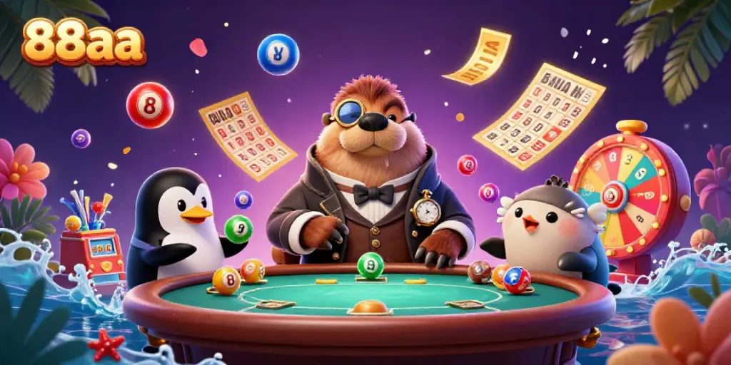 Engaging scene of 88aa's playful underwater casino with a walrus, penguin dealer, and pufferfish betting.