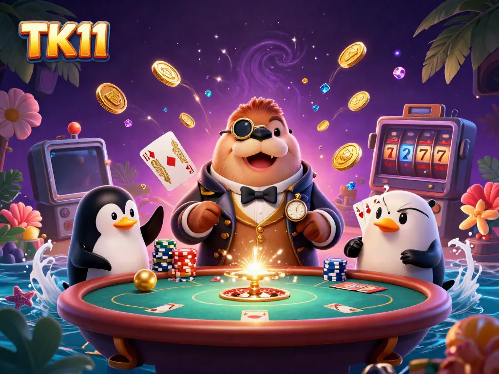 Engage in online gaming with TK11 featuring a jolly walrus at an underwater poker table surrounded by dazzling casino elements.