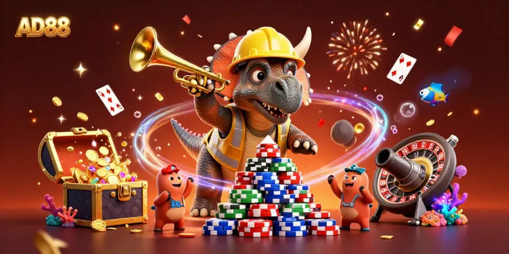 AD88 celebrates a thrilling casino night with colorful poker chips and cheering characters.