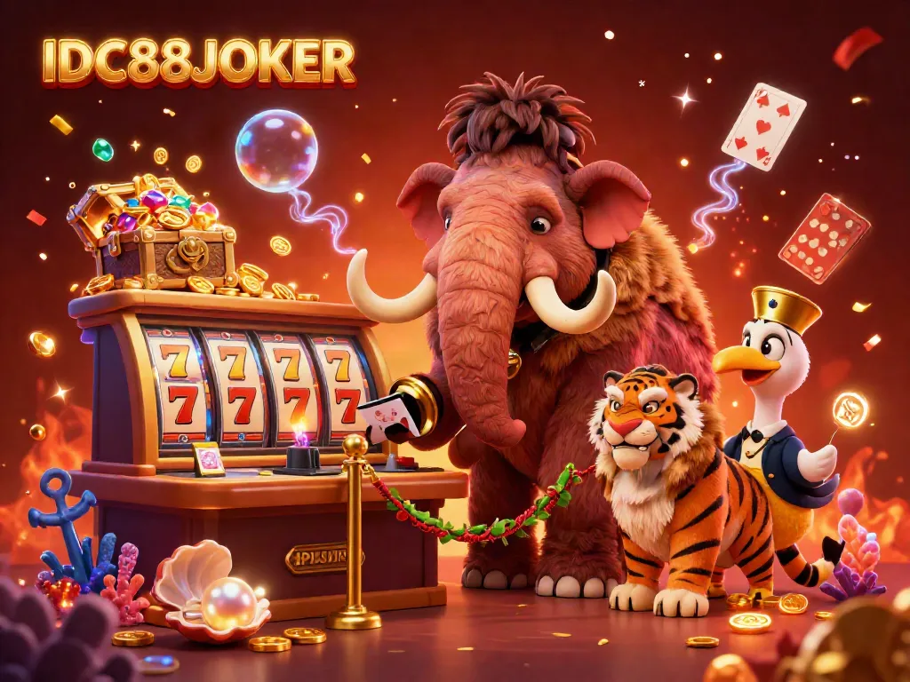 IDC88JOKER casino scene featuring cartoon mammoth bouncer, saber-tooth guest, and dodo doorman.