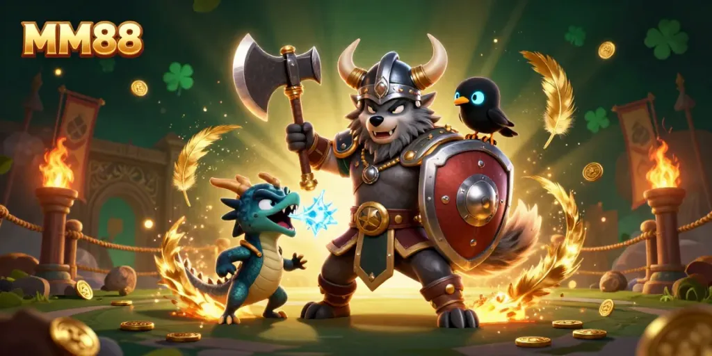 Experience thrilling MM88 gameplay with a Viking wolf warrior and a fierce dragon in a dynamic casino scene.