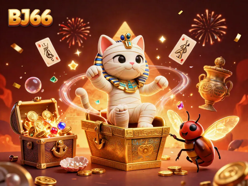 Experience BJ66's vibrant casino world with an Egyptian mummy cat emerging from a sarcophagus, celebrating wins with coins and playing cards.