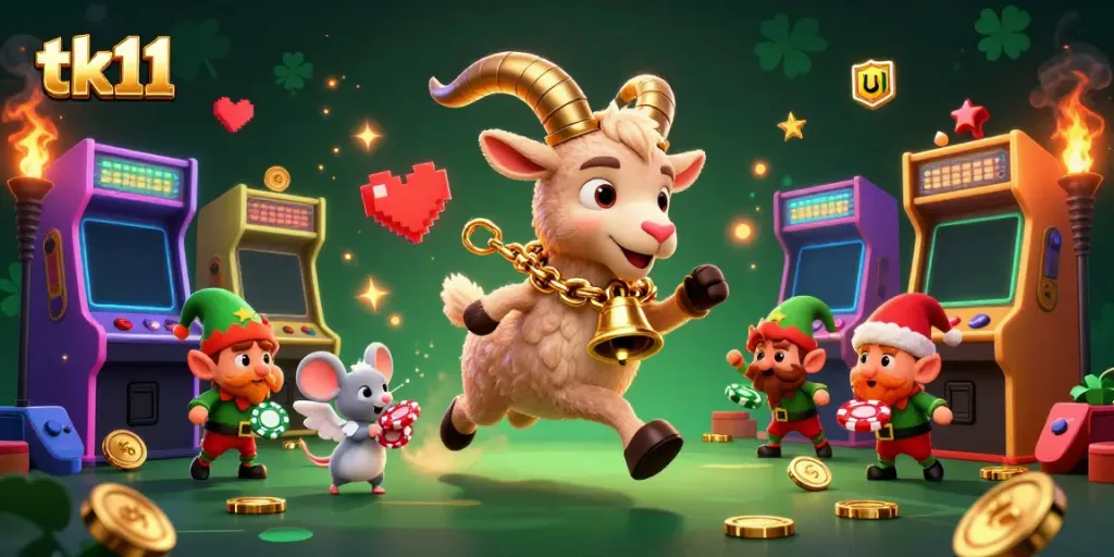 Engage in thrilling fun at tk11 as Krampus and friends animate a vibrant holiday-horror casino scene.