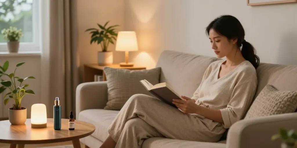 sg lana calming CBD oil and vape device in cozy living room for evening relaxation