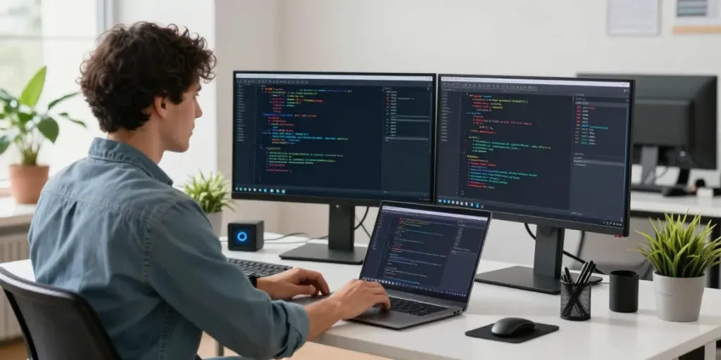 Software developer coding with dual monitors and laptop in a modern office