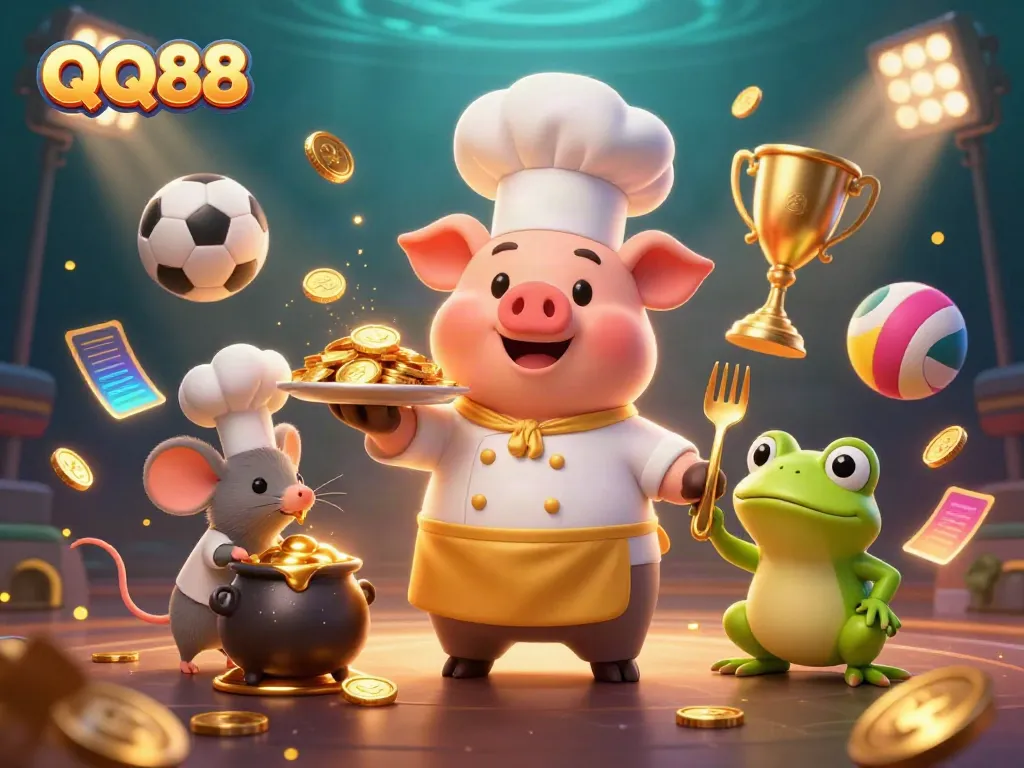 Experience thrilling gameplay at QQ88 with gold coins and 3D characters in a dynamic casino scene.
