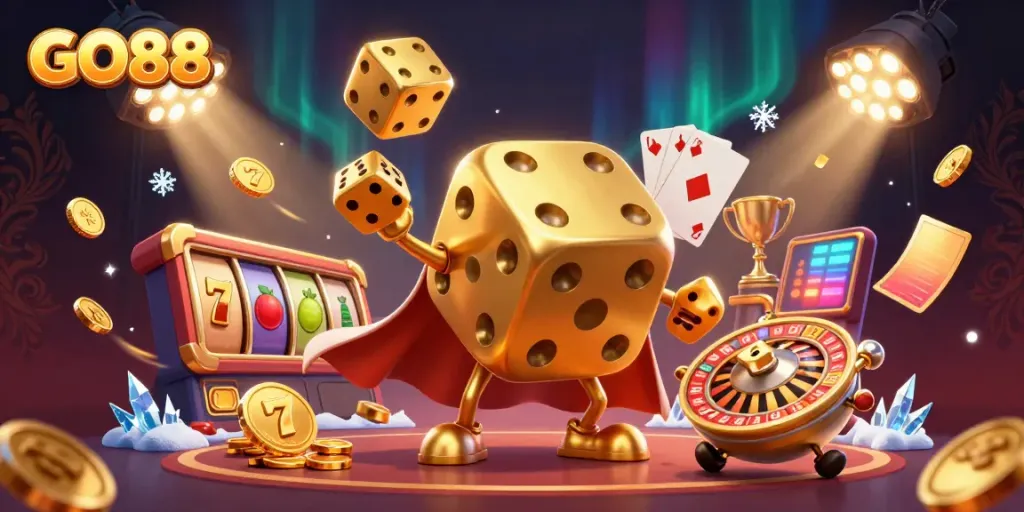 Engage in exciting gameplay at GO88 with a vibrant 3D casino scene featuring dynamic characters and elements.
