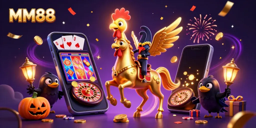 Experience thrilling gameplay at MM88 with vibrant golden rooster and casino magic.