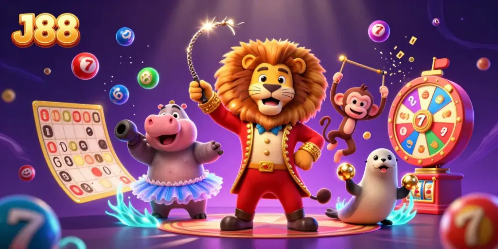 Experience the excitement of J88 with vibrant characters and dynamic casino elements in this lively illustration.